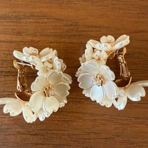 White Floral Clip-On Earrings - Elegant Flower Hoop Earrings